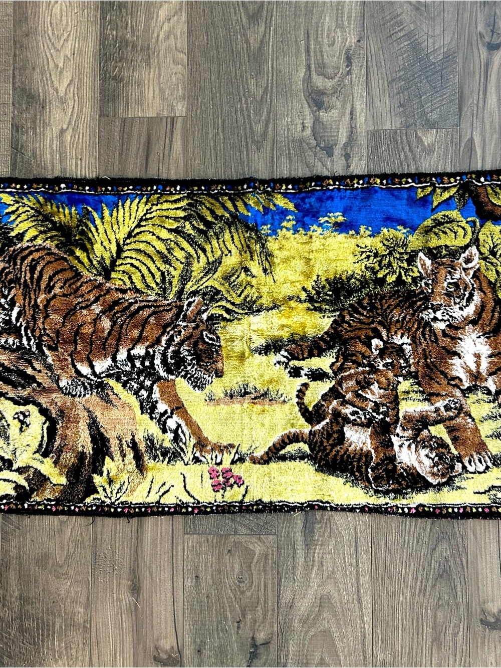 VTG Tiger Family Tapestry 1970s  Woven Velveteen Wall Hanging 36.5x19 Lebanon